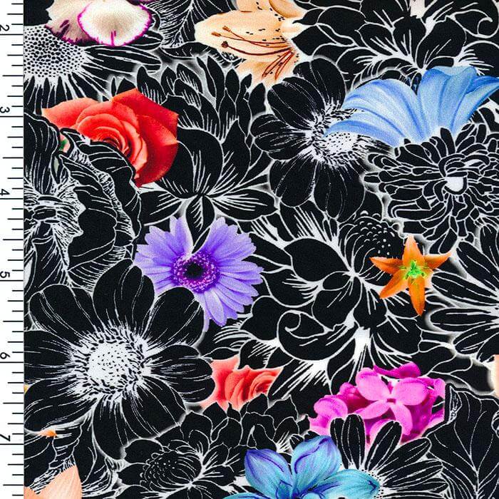 SP-NP2678 Midnight Floral - Black White Red Yellow Pink | Nylon Spandex Digitally Wet Print