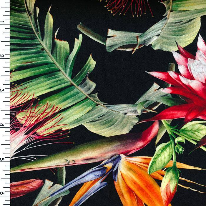 SP-NP2687 Tropical Roses - Black Green Orange Purple | Nylon Spandex Digitally Wet print